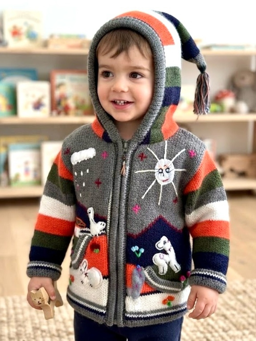 Hand-Knit Whimsical Gnome Hooded Cardigan Sweater Sun Llama Chicken Rabbit Cozy